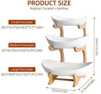 3 Tier Fruit Basket for Kitchen Ceramic Fruit Bowl with Bamboo Wood Stand Easy Install 3 Tier Serving Stand Snack Dessert Cake Tray Plate Rack for Party Wedding Buffet