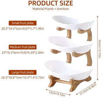 3 Tier Fruit Basket for Kitchen Plastic Fruit Bowl with Bamboo Wood Stand Easy Install 3 Tier Serving Stand Snack Dessert Cake Tray Plate Rack for Party Wedding Buffet