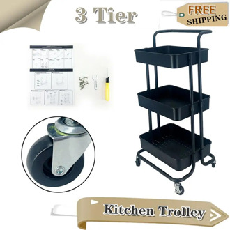 3 Tier Kitchen Trolley Storage Organizer Rack Steel Organizer Serving Trolley Kitchen Bathroom Rolling Trolley Cart Basket Stand