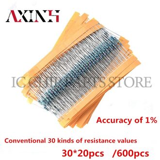 30 Waarden * 20Pcs Kleur Ring Weerstand 1/4W 1% Nauwkeurigheid Metal Film Weerstand Vijf Kleur Ring weerstand Pakket