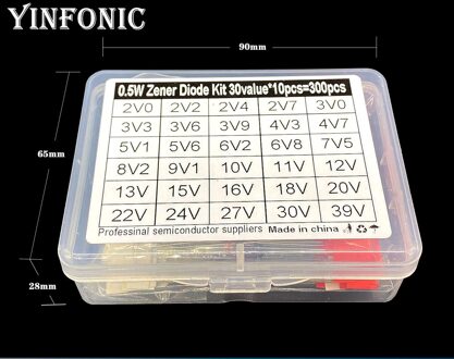 30 Waarden X10pcs 0.5W 1/2W Glas Zenerdiode Kit Doos 2V0-39V