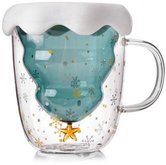 300ml Glas 2 Laag Water Drinken Koffie Cup Siliconen Deksel Hoge Slip Xmas Tree Star Mok Creatief Cadeau Kerst decoratie