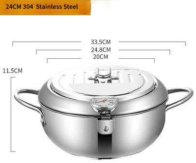 304 Roestvrij Staal Frituren Pot Keuken Tempura Friteuse Pan Met Deksel En Thermometer Japanse Stijl Frituren Pot 24CM