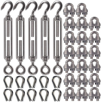 304 Stainless Steel Turnbuckle M6 Wire Rope Tension Tensioner Strainer and M3 Wire Rope Clips, 1/8 Inch Cable Railing Kit for Wo