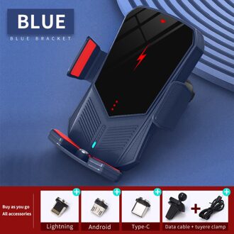 30W Qi Auto Draadloze Oplader Intelligente Infrarood Sensor Automatische Spannen Mobiele Telefoon Houder Beugel Auto Accessoires blauw