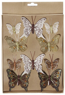 30x Decoratie vlinders op clip bruin/goud