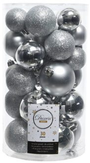 30x Kunststof kerstballen glanzend/mat/glitter zilver kerstboom versiering/decoratie - Kerstbal Zilverkleurig