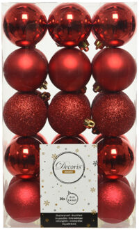 30x Kunststof kerstballen mix kerst rood 6 cm kerstboom versiering/decoratie - Kerstbal