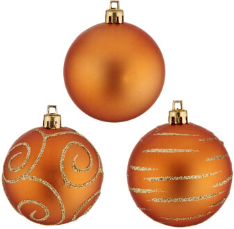 30x stuks gedecoreerde kerstballen oranje kunststof 6 cm
