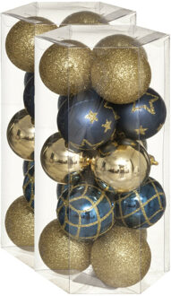 30x stuks kerstballen mix goud/blauw gedecoreerd kunststof 5 cm - Kerstbal