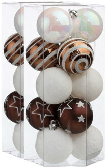 30x stuks kerstballen mix wit/bruin gedecoreerd kunststof 5 cm - Kerstbal