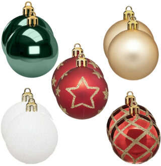 30x stuks kerstballen mix wit/rood/groen/champagne gedecoreerd kunststof 5 cm - Kerstbal