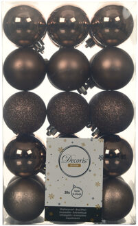 30x stuks kunststof kerstballen walnoot bruin 6 cm glans/mat/glitter - Kerstbal