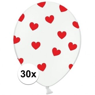 30x stuks witte ballonnen met hartjes rood - Ballonnen Multikleur