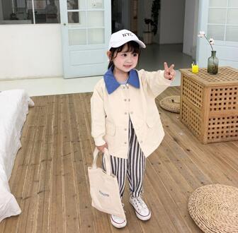 3131 Lente Baby Meisjes Effen Kleur Geul Jas kinderen Jas Koreaanse Kraag Kleur Bijpassende Lange En Medium Jas Beige / 3T