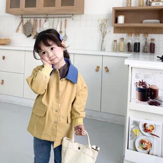 3131 Lente Baby Meisjes Effen Kleur Geul Jas kinderen Jas Koreaanse Kraag Kleur Bijpassende Lange En Medium Jas Geel / 4T