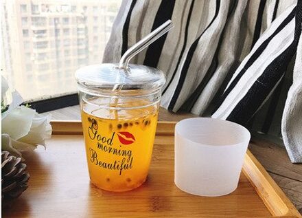 320Ml Aardbei Glas Meisje Ster Brief Patroon Glas Met Stro Sap Melk Thee Koffie Wijn Creatieve Cup Voor kinderpark rood lips
