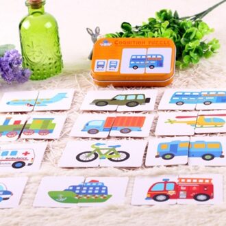 32Pcs Baby Kids Cognitie Puzzel Speelgoed Peuter Ijzeren Doos Kaarten Matching Game Cognitieve Kaart Vehicl/Fruit/Dier/Leven Set Paar Traffic