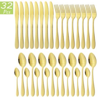 32Pcs Zwart Servies Bestek Messen Vork Koffie Lepel Bestek Servies Roestvrij Staal Diner Set Keuken Zilverwerk Set goud
