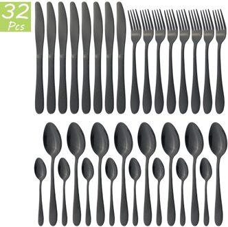 32Pcs Zwart Servies Bestek Messen Vork Koffie Lepel Bestek Servies Roestvrij Staal Diner Set Keuken Zilverwerk Set