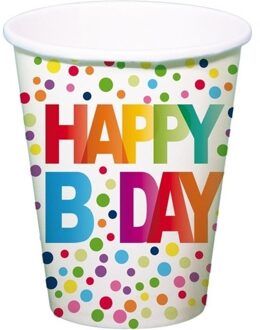 32x stuks Happy B-day feest/verjaardag drinkbekertjes met stippen 13 cm - 250 ml - Papier/karton - Happy Birthday thema