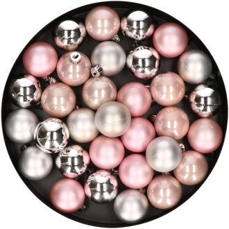 32x stuks kunststof kerstballen mix lichtroze/zilver 4 cm