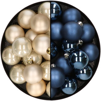 32x stuks kunststof kerstballen mix van champagne en donkerblauw 4 cm - Kerstbal Champagnekleurig