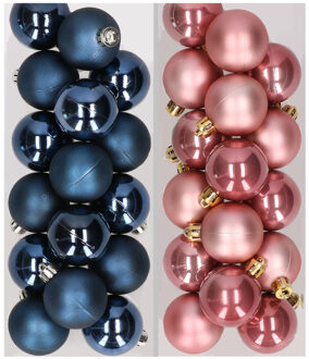 32x stuks kunststof kerstballen mix van donkerblauw en oudroze 4 cm - Kerstbal