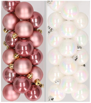 32x stuks kunststof kerstballen mix van oudroze en parelmoer wit 4 cm - Kerstbal