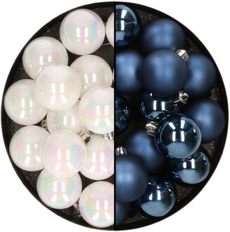 32x stuks kunststof kerstballen mix van parelmoer wit en donkerblauw 4 cm - Kerstbal