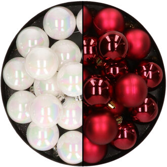 32x stuks kunststof kerstballen mix van parelmoer wit en donkerrood 4 cm - Kerstbal