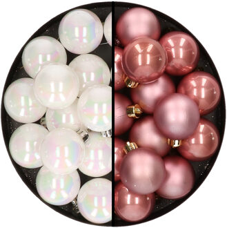 32x stuks kunststof kerstballen mix van parelmoer wit en oudroze 4 cm - Kerstbal