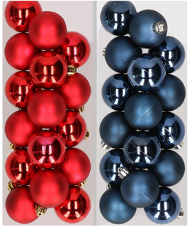 32x stuks kunststof kerstballen mix van rood en donkerblauw 4 cm - Kerstbal