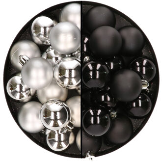 32x stuks kunststof kerstballen mix van zilver en zwart 4 cm - Kerstbal Zilverkleurig