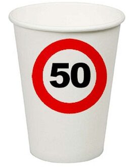 32x stuks verjaardag feest bekertjes 50 jaar stopbord thema - Leeftijd feestartikelen/versieringen