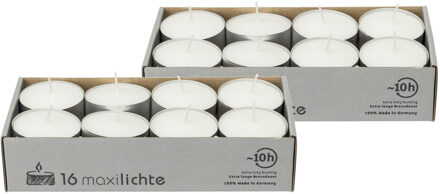 32x Witte maxi theelichtjes/waxinelichtjes 10 branduren - Geurloze kaarsen - Nightlights kaarsjes - Extra lange brandduur/brandtijd