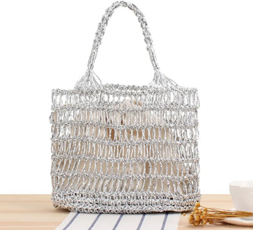 33x23CM Ins New Gold And Silver Thread Hollow Hand Crochet Bag Trend Female Sen Vacation Beach Handbag Straw Bag a7151