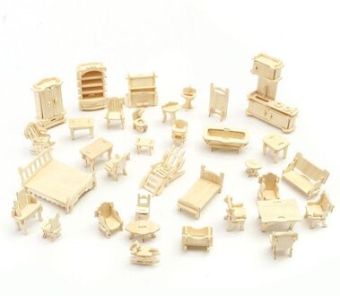 34 stks/set 3D Houten Miniatuur Puzzel Poppenhuis Meubels Model Mini Puzzel Speelgoed voor Kinderen M09