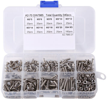 340 stks/set M3 Schroeven Noten Roestvrijstalen Pan Schroeven Hex Noten Assortiment Kit Fastener Hardware Houtbewerking Gereedschap