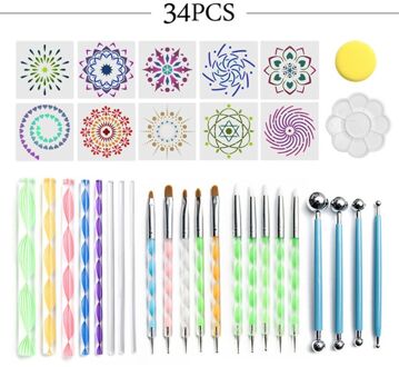 34Pcs Mandala Puntjes Gereedschap Set Voor Schilderen Rock Stencil Acryl Stok Tekening Borstel Palet Spons
