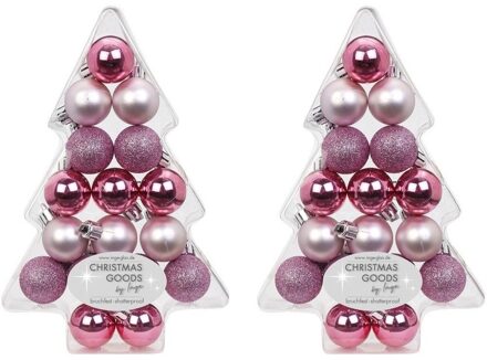 34x Mix roze kunststof kerstballen pakket kerstboom 3 cm