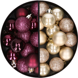 34x stuks kunststof kerstballen aubergine paars en champagne 3 cm - Kerstbal Champagnekleurig