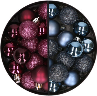 34x stuks kunststof kerstballen aubergine paars en donkerblauw 3 cm