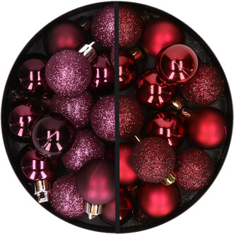 34x stuks kunststof kerstballen aubergine paars en donkerrood 3 cm