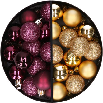 34x stuks kunststof kerstballen aubergine paars en goud 3 cm