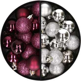 34x stuks kunststof kerstballen aubergine paars en zilver 3 cm - Kerstbal Zilverkleurig