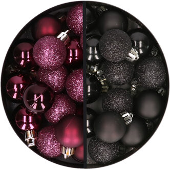 34x stuks kunststof kerstballen aubergine paars en zwart 3 cm - Kerstbal