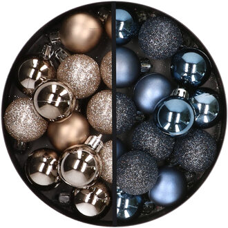34x stuks kunststof kerstballen champagne en donkerblauw 3 cm