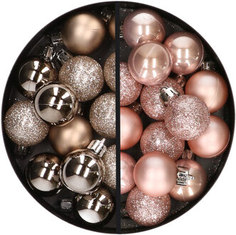34x stuks kunststof kerstballen champagne en lichtroze 3 cm
