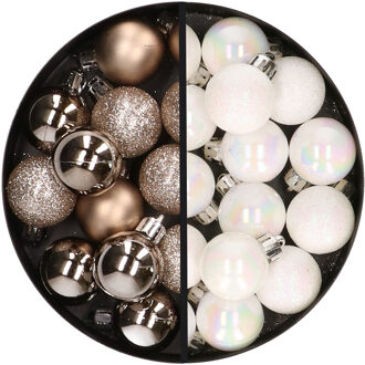 34x stuks kunststof kerstballen champagne en parelmoer wit 3 cm - Kerstbal Champagnekleurig